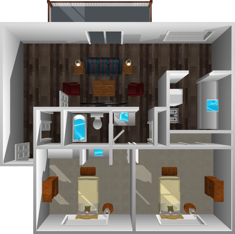 This image is the visual 3D representation of 'Floorplan B' in Greentree Park Apartments.